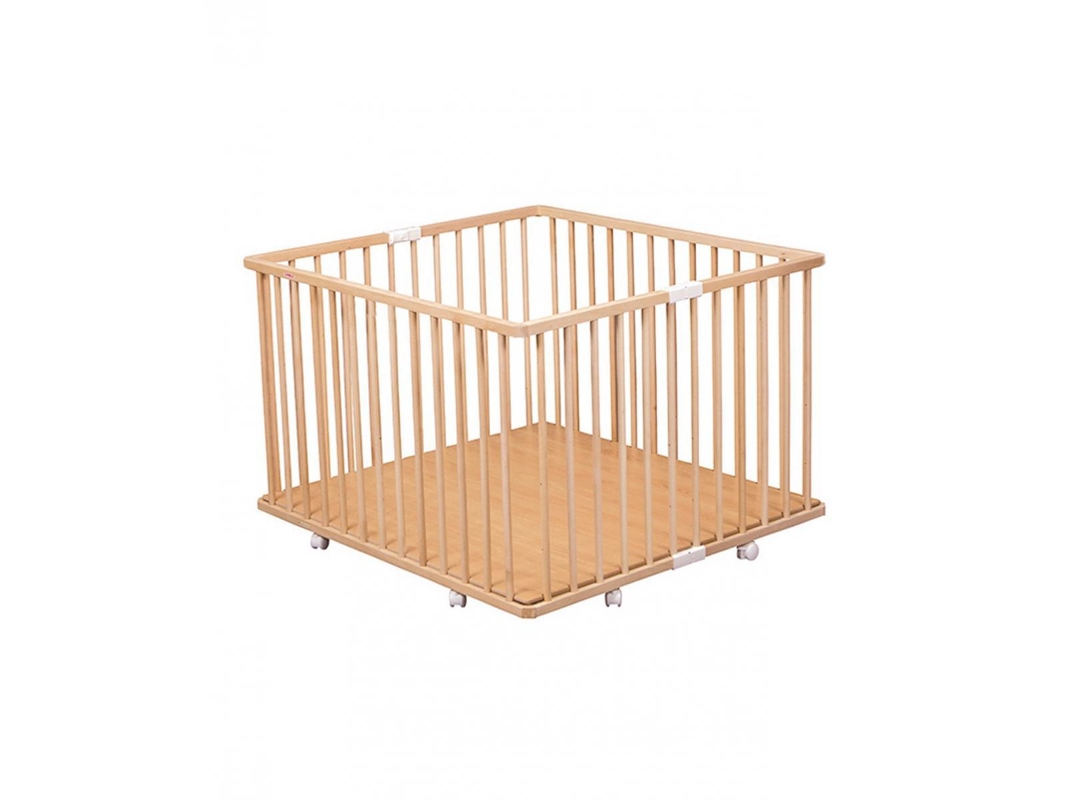 Parc pliant carré avec plancher réglable et roulettes vernis naturel Gaby, Combelle -