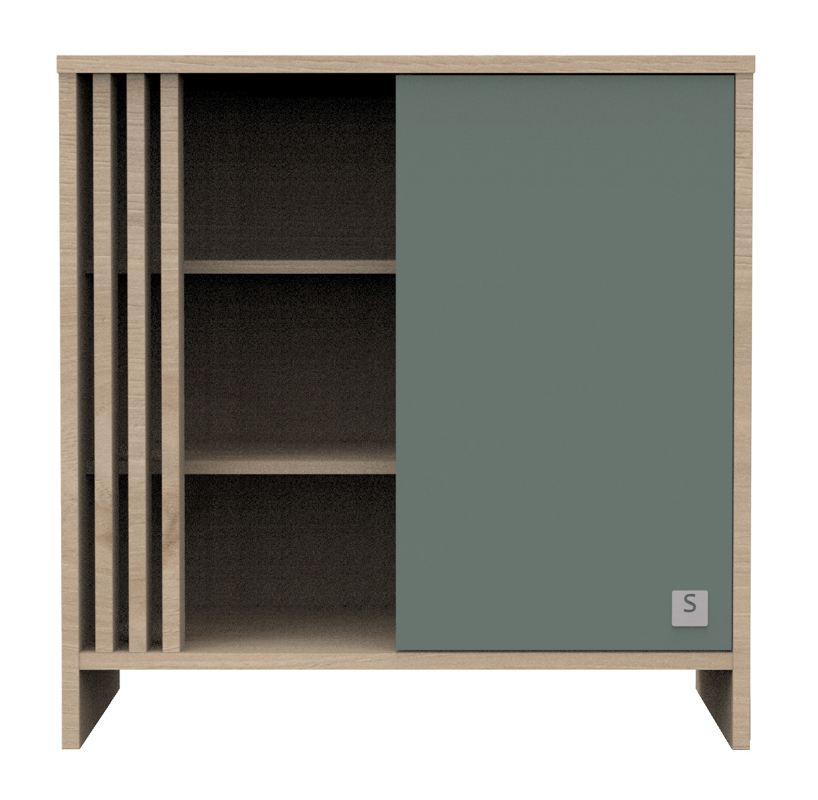 Commode 1 porte colorée et 3 niches avec claustra en bois décor chêne Suave, Sauthon -