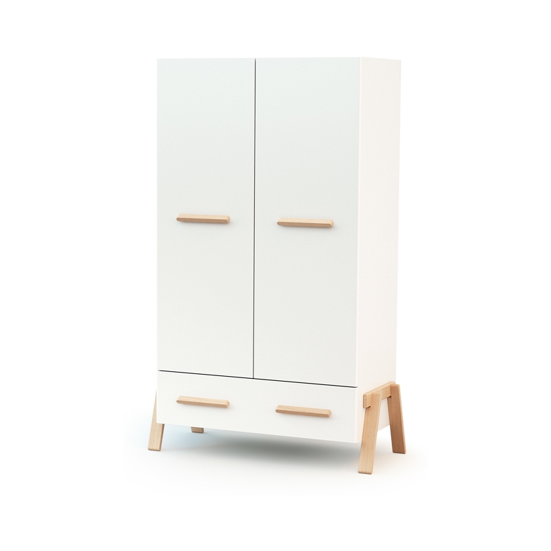 AT4 - Armoire enfant 2 portes en bois CANAILLE Blanc et Hêtre 108 x 53 x176 cm - Mixte
