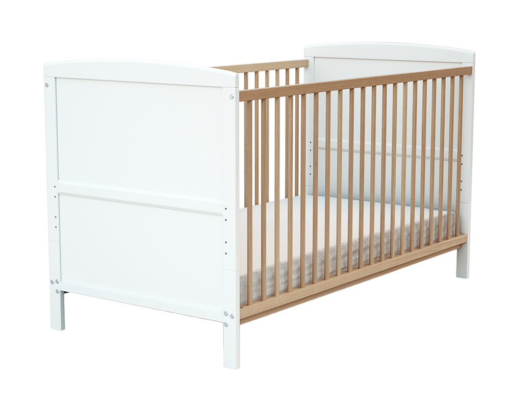 Lit bébé évolutif en bois avec matelas en bois ESSENTIEL Blanc et Hêtre Verni -