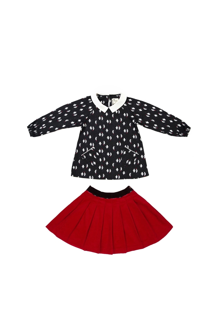 denoël  Blouse Col Claudine & Jupe Plissée Velours Rouge, La Faute à Voltaire 1