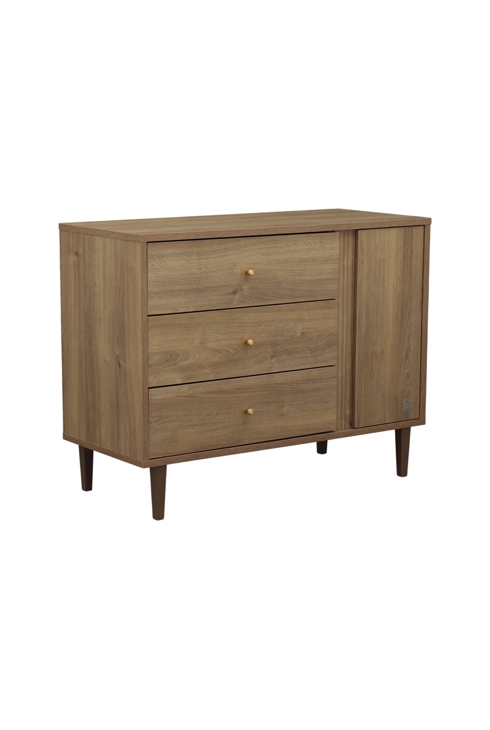 Commode 3 tiroirs et 1 porte avec détail imitation bois texturé et pieds bois