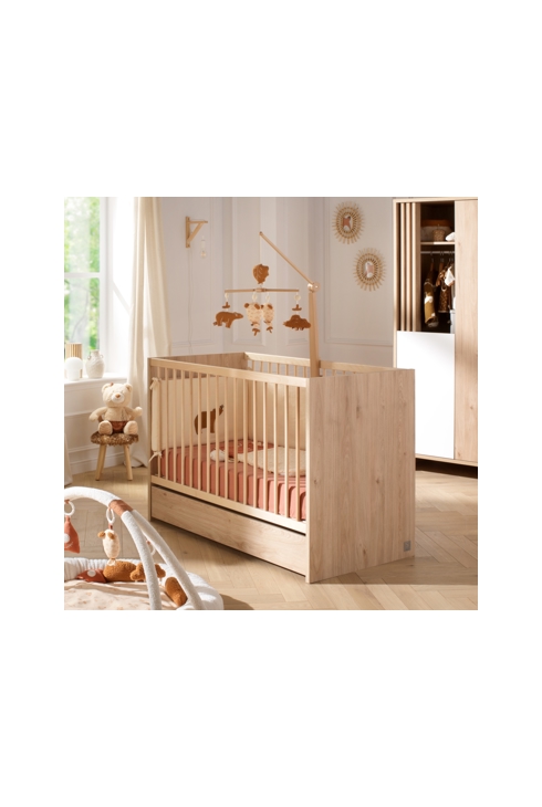 Lit bébé 120x60 à barreaux en bois décor chêne suave avec matelas