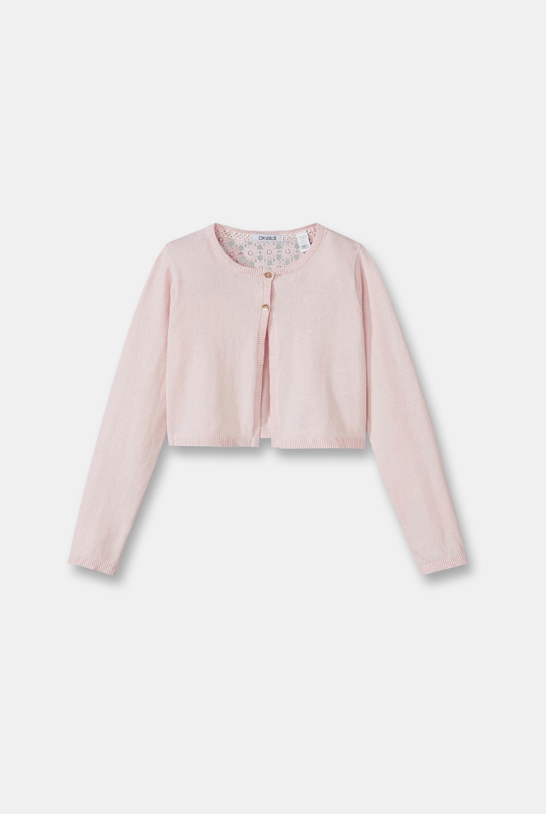 Chaqueta torera con detalle en ganchillo rosa niña 1