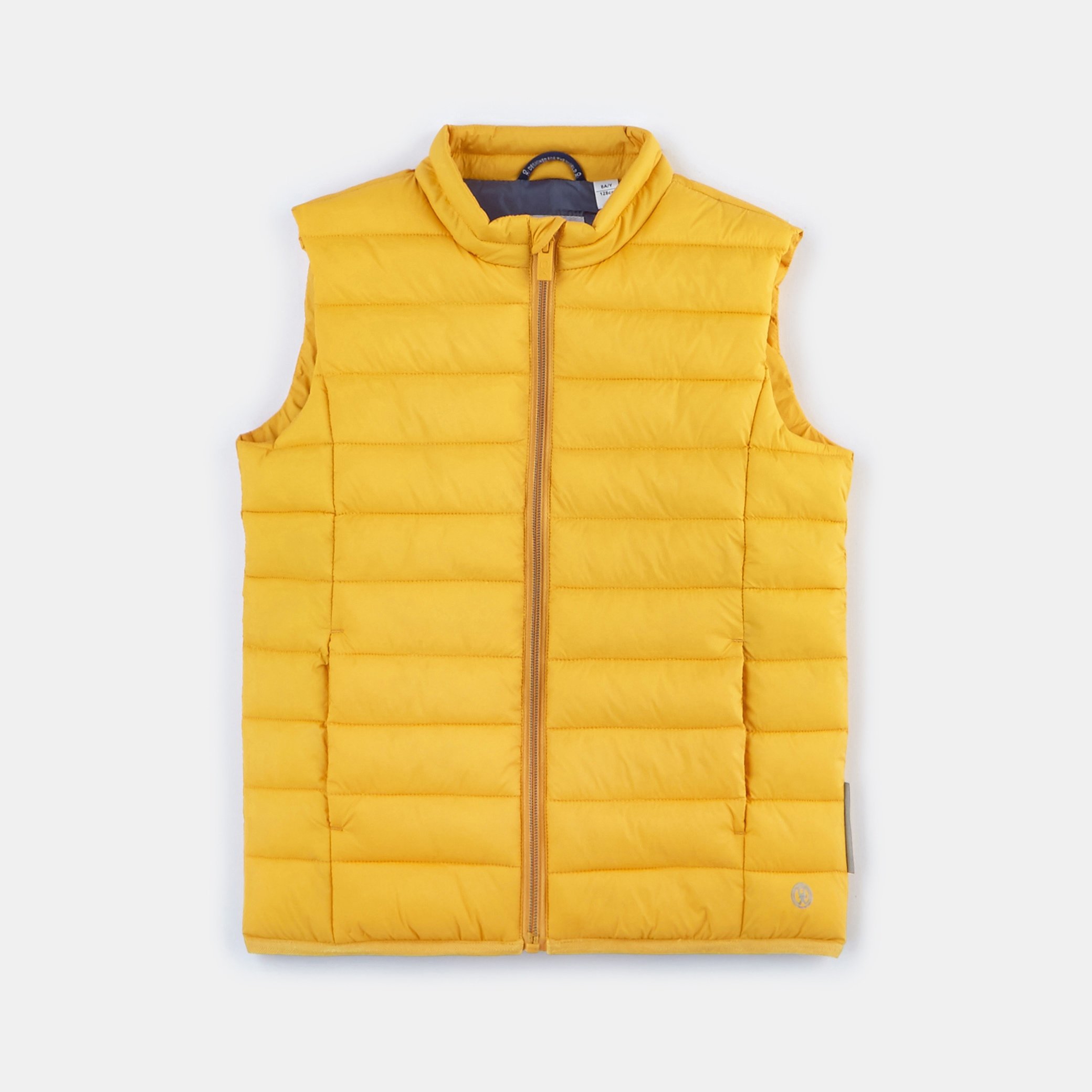 yellow sleeveless puffer jacket