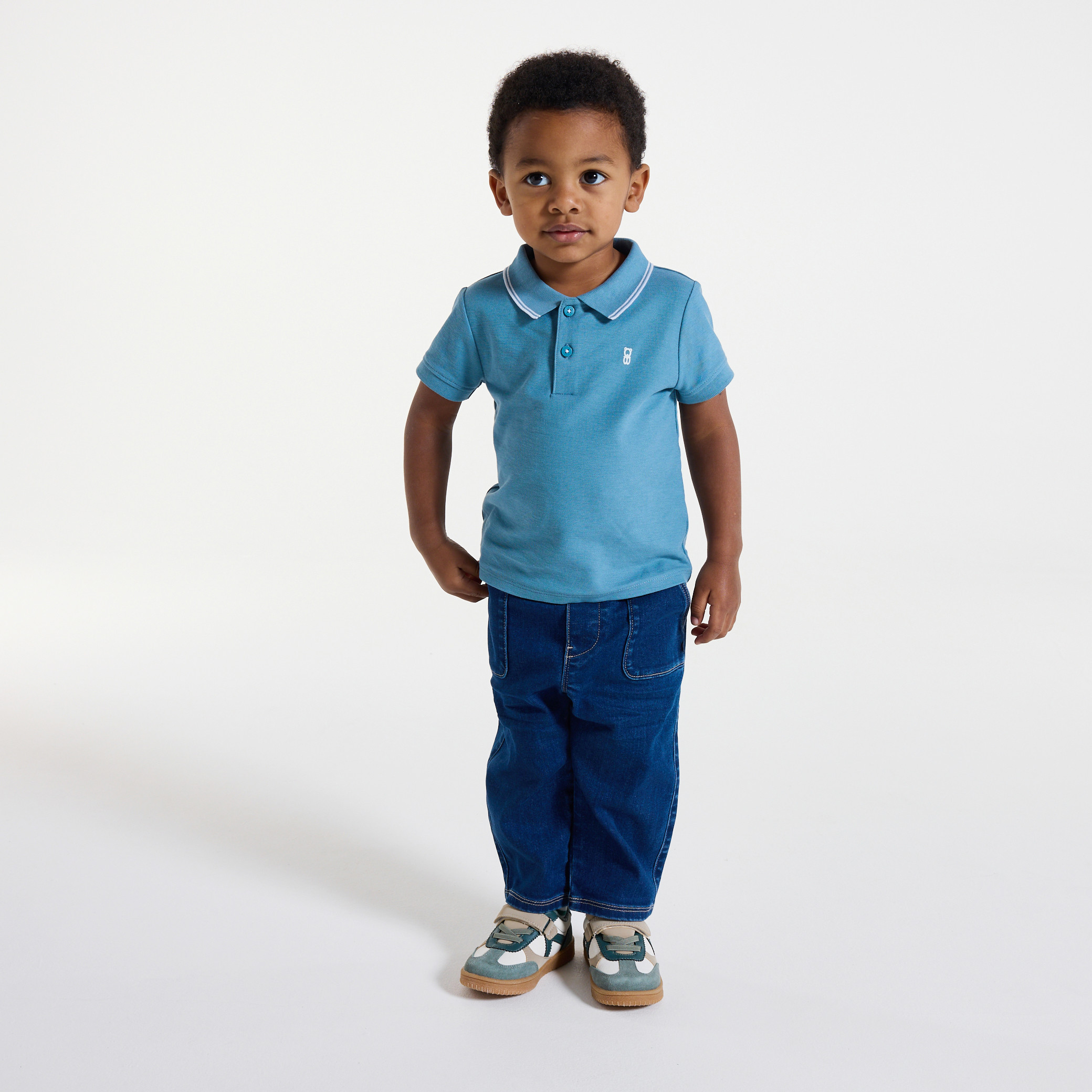 Polo maille piquée uni beige bébé garçon - Bleu ardoise