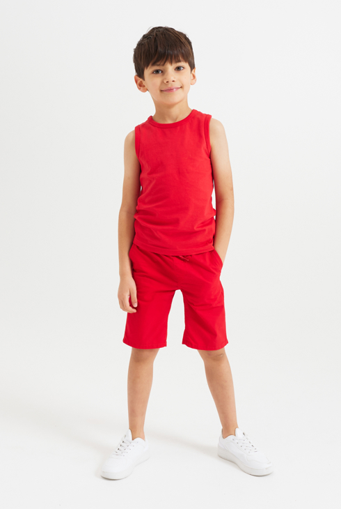 Einfarbige rote Slim-Bermuda-Shorts aus Leinen Jungen 1