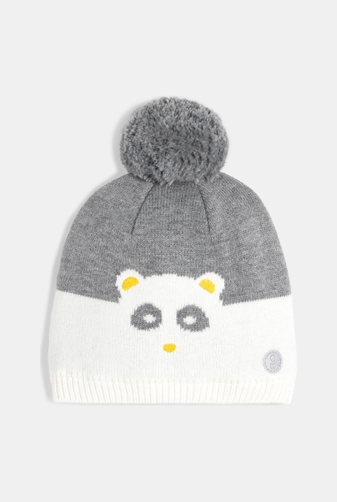 Szara dzianinowa czapka panda z pomponem niemowlę chłopiec 1