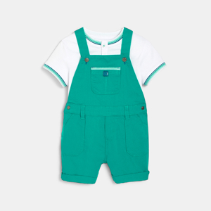 Salopette courte et polo uni verte bébé garçon 1