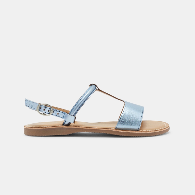 T-bar-Sandalen aus metallisiertem Leder. Blau Mädchen