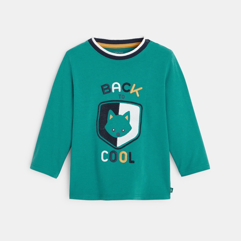 T-Shirt aus Bio-Baumwolle mit gesticktem Wappen und Botschaft Grün Baby Jungen