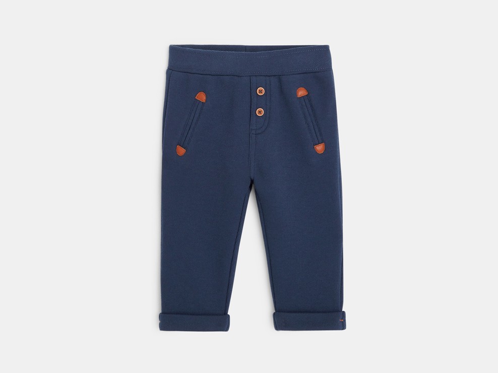 comfortabele joggingbroek van gekleurd biologische katoen fleece blauw babyjongen 1