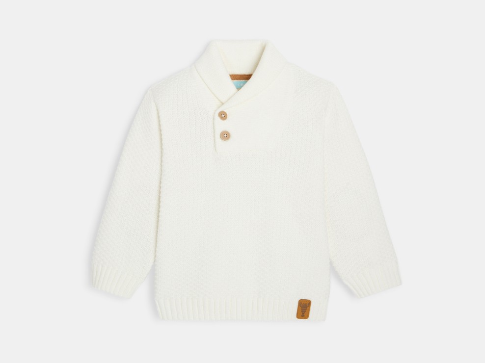 Biały sweter dla chłopca z kołnierzem szalowym, zapinany na guziki 1