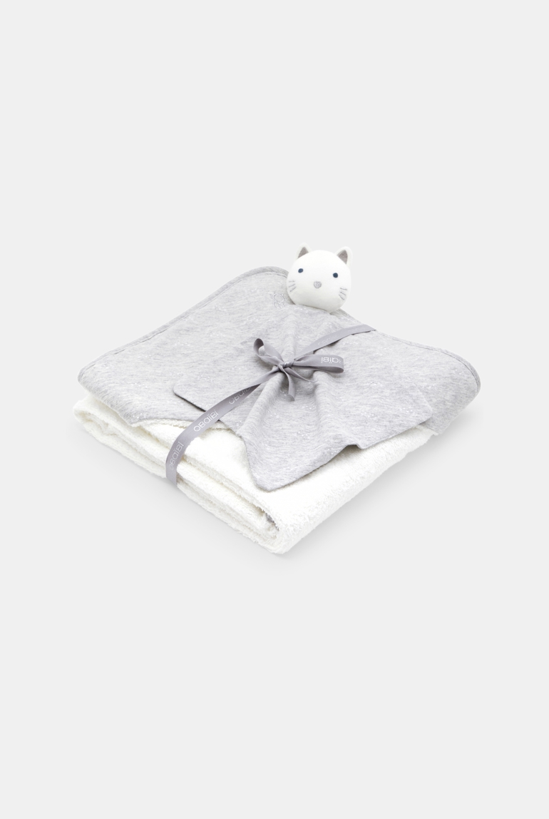 Cape de bain et doudou chiné blanc naissance 1