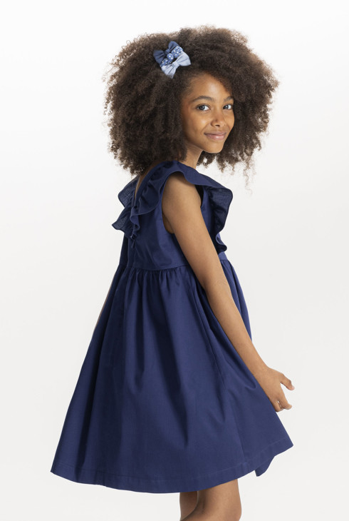 Ausgestelltes blaues Kleid mit Aufdruck und Flügelärmeln mit Rüschen für Mädchen 2