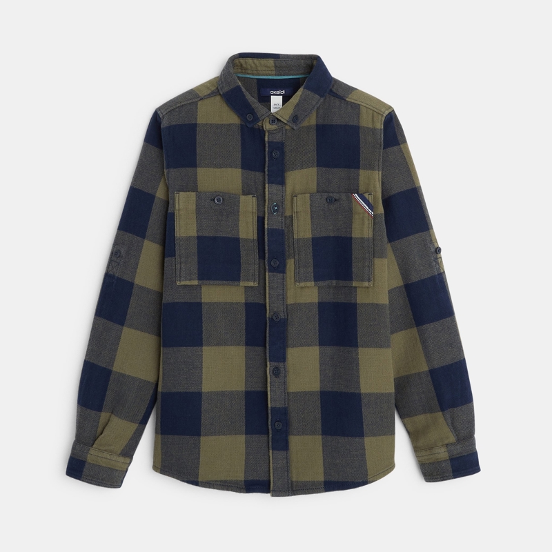 Chemise Garçon Manches Courtes à Carreaux Avec Oiseaux - Taille 122 - Rouge Bleu Jaune - Occasion Très Bon état
