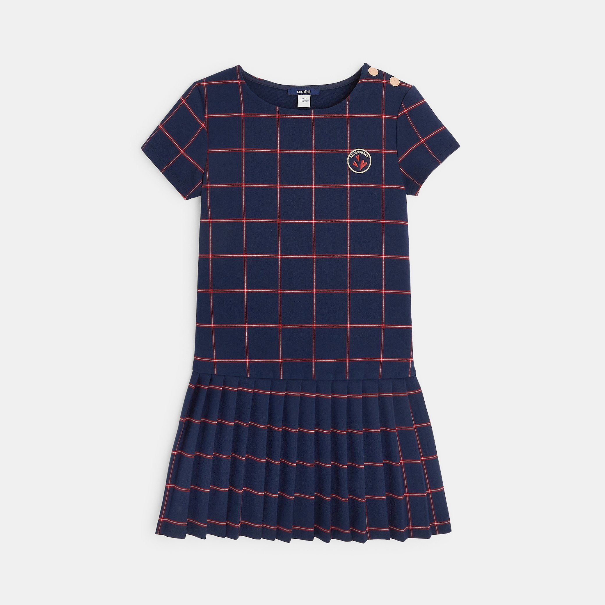 Robe Plissee A Carreaux Et Ecusson Le Bonheur Bleu Fille Okaidi Obaibi