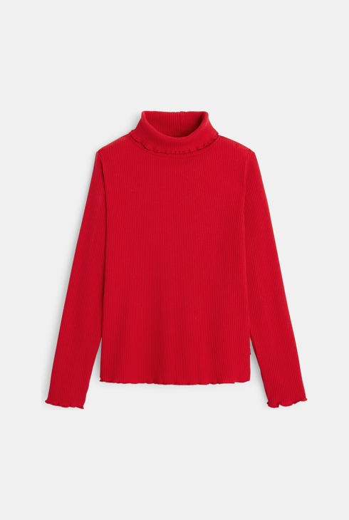 Unifarbenes Rippen-T-Shirt mit Rollkragen Rot Mädchen 1