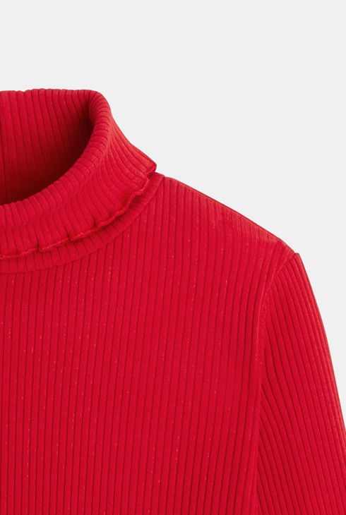 Unifarbenes Rippen-T-Shirt mit Rollkragen Rot Mädchen 2