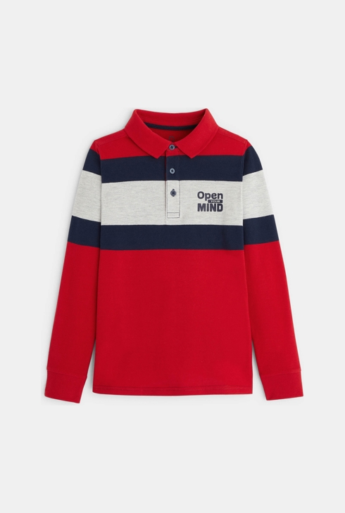 Gestreiftes Poloshirt mit der Aufschrift „Open your mind“ Rot Jungen 1