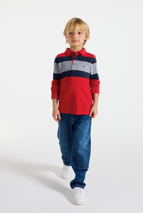 Polo a righe con scritta "Open your mind" rosso bambino 1