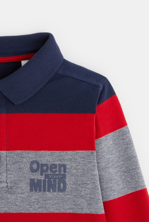 Gestreepte polo met tekst "Open your mind" blauw jongen 2