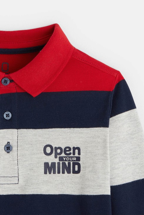 Polo rayé à message "Open your mind" rouge garçon
