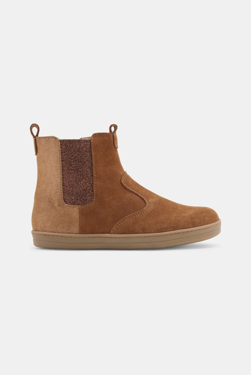 Boots chelsea croûte de cuir paillettes beige fille 1