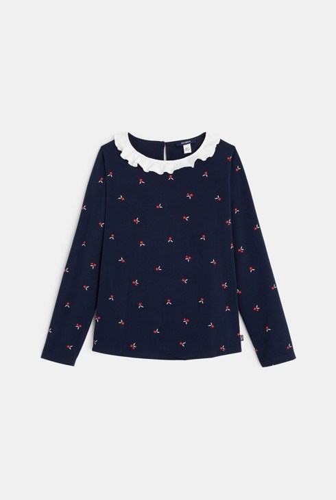 Bedrucktes T-Shirt mit gerüschtem Bubikragen Rot Mädchen 1