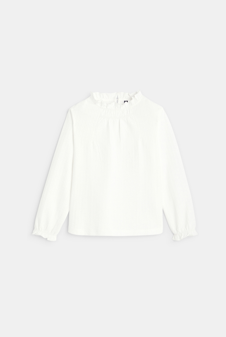 Blouse unie à col volanté blanc fille 1