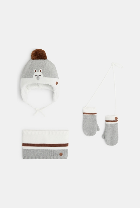 Set bestehend aus Strickmütze, Snood und Fäustlingen mit Smiley Grau Baby Jungen 1