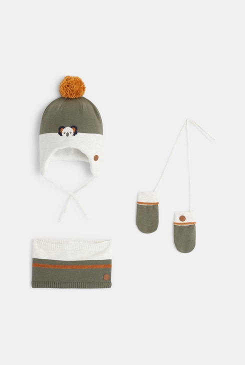 Set bestehend aus Strickmütze, Snood und Fäustlingen mit Smiley Grün Baby Jungen 1