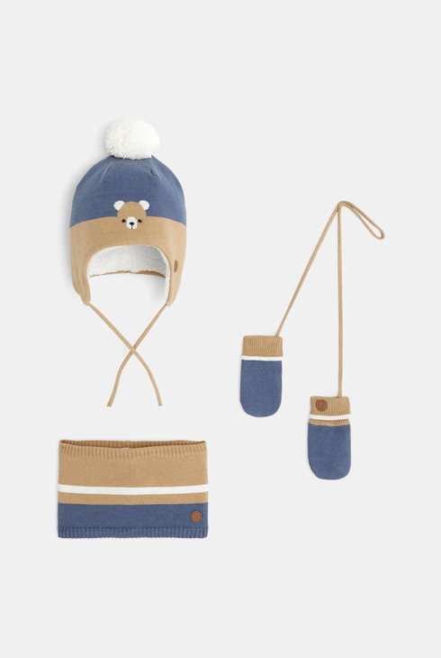 Set bestehend aus Strickmütze, Snood und Fäustlingen mit Smiley Blau Baby Jungen 1