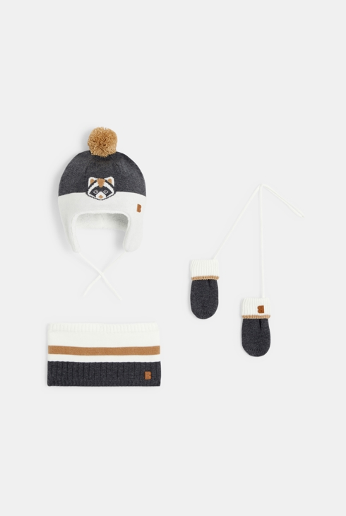 Zestaw czapka + komin + rękawiczki z jednym placem z dzianiny z buźką szary niemowlę chłopiec 1