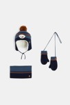 Lot bonnet, snood et moufles tricot chien bleu bébé garçon
