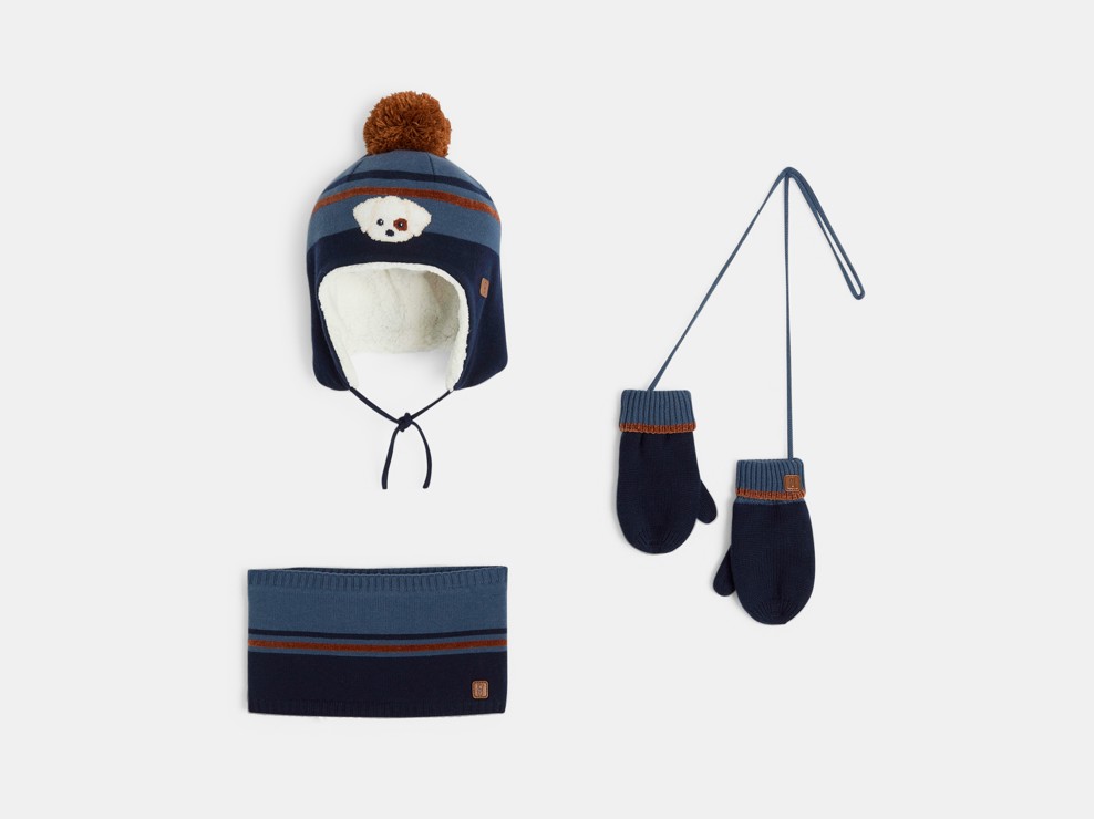 Set in Blau bestehend aus Strickmütze, Snood und Fäustlingen mit Hundemotiv für kleine Jungen 1