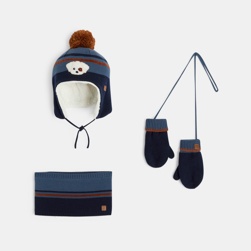 Set in Blau bestehend aus Strickmütze, Snood und Fäustlingen mit Hundemotiv für kleine Jungen
