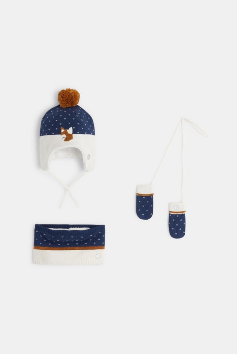 Komplet usklajene čepice, šala in palčnikov z motivom modra dojenček deklica 1
