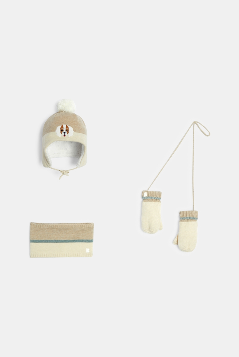 Bonnet + snood + moufles coordonnés motif chien beige bébé fille 1