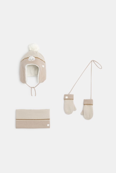 Gorro + braga para cuello + manoplas a juego motivo beige bebé niña 1