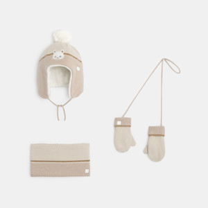 Bonnet + snood + moufles coordonnés motif beige bébé fille