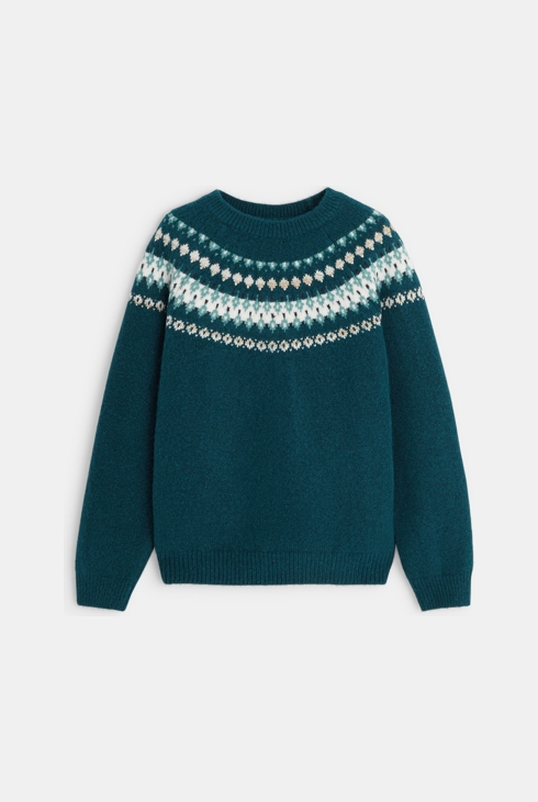 Skandinavski pulover z žakarskim motivom zelena deklica 1