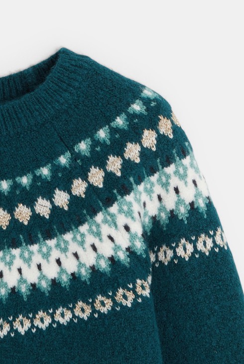 Skandinavski pulover z žakarskim motivom zelena deklica 2