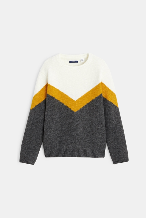 Trobarvni pulover iz mehkega pletiva siva deklica 1