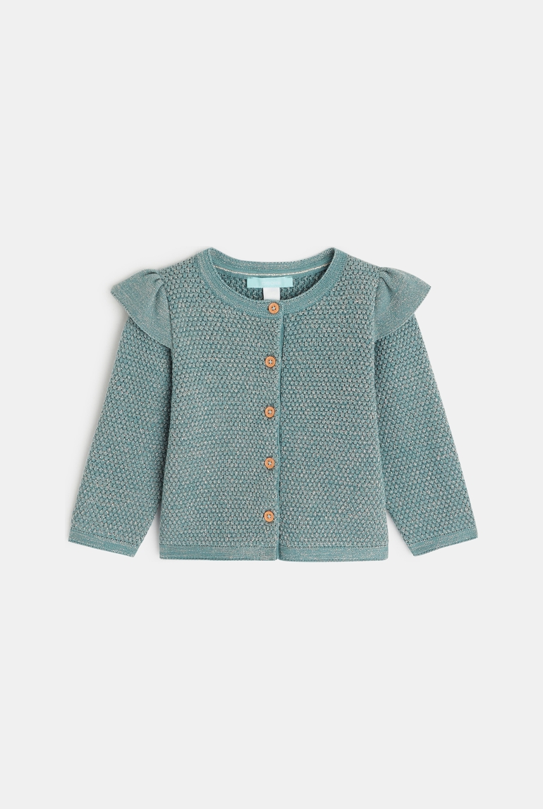 Gilet maille fantaisie irisée à volants vert bébé fille 1