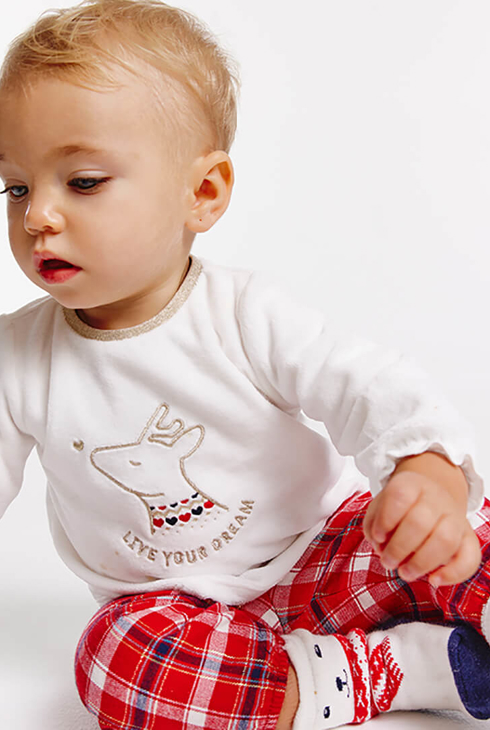 Žametna karirasta pižama bela dojenček deklica 1