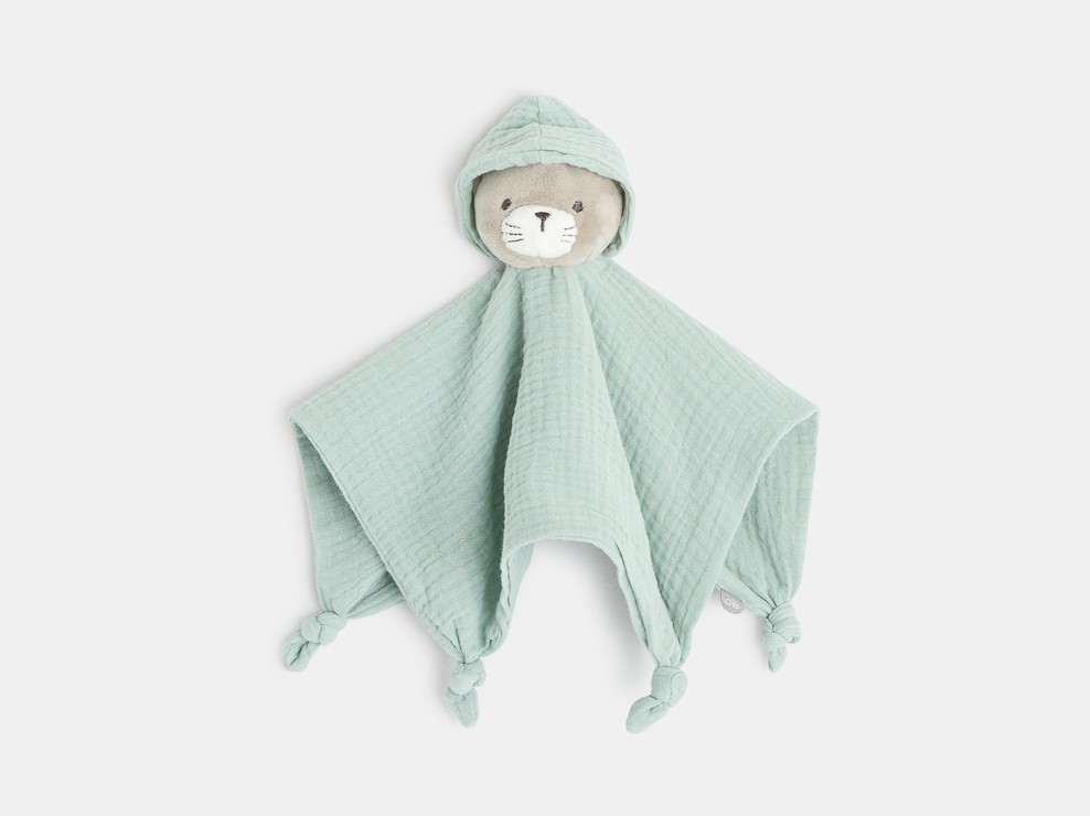 Doudou plat chat en lange de coton vert naissance 1