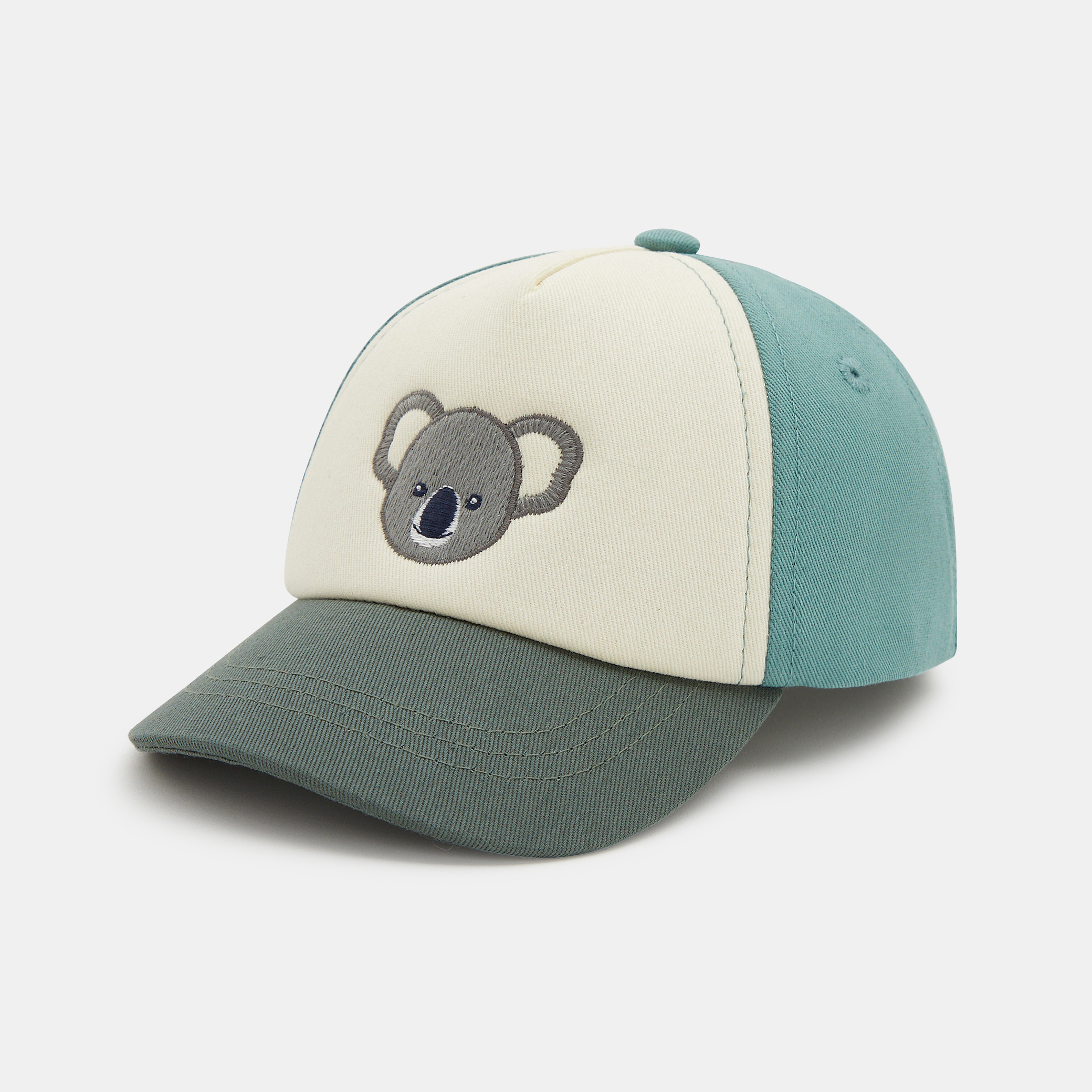 Baby boy's green koala cap in two materials
