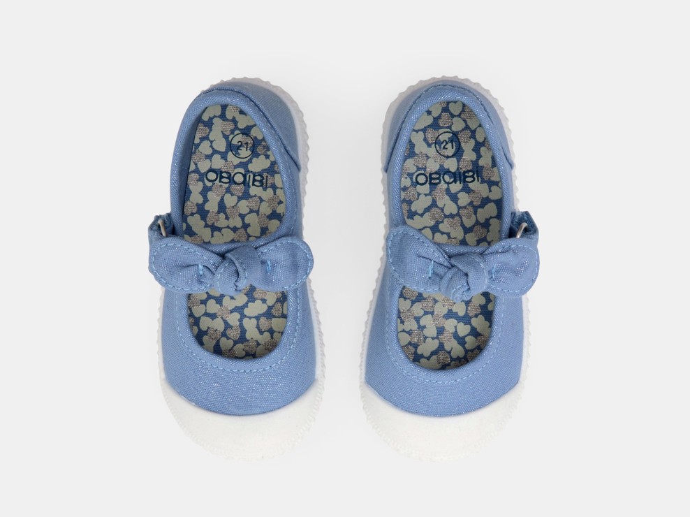 Blauwe ballerina's van geweven stof met strikje voor babymeisjes 2