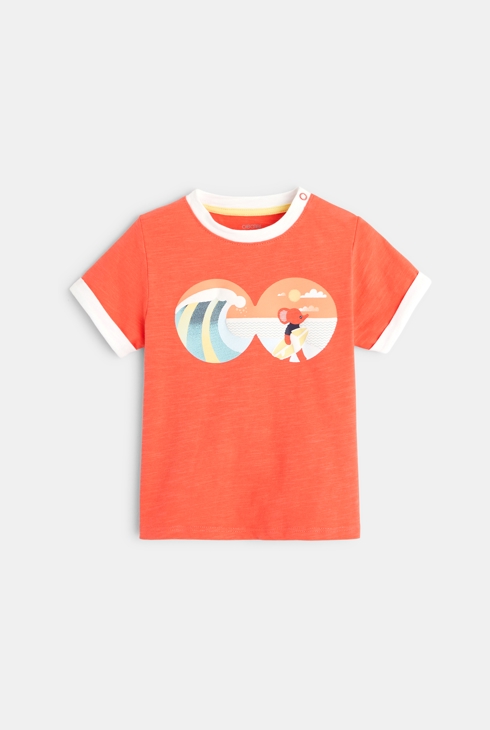 Majica s potiskom slona, ki surfa  oranžna dojenček deček 1